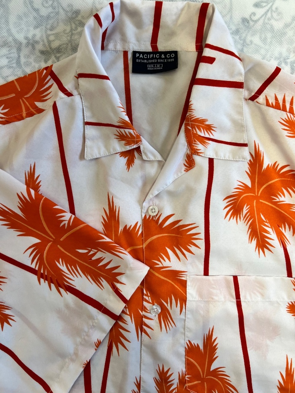 Pacific & Co Resort Shirt Men's M Orange Palm Stripe Tropical Hawaiian Aloha